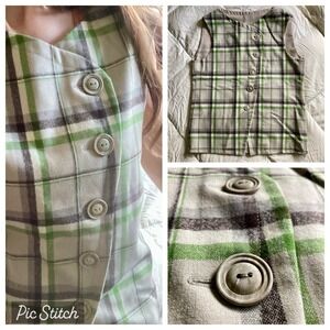 Vtg Wool Asymmetrical Wood Button Plaid Vest Waistcoat Womens L Green Brown EUC